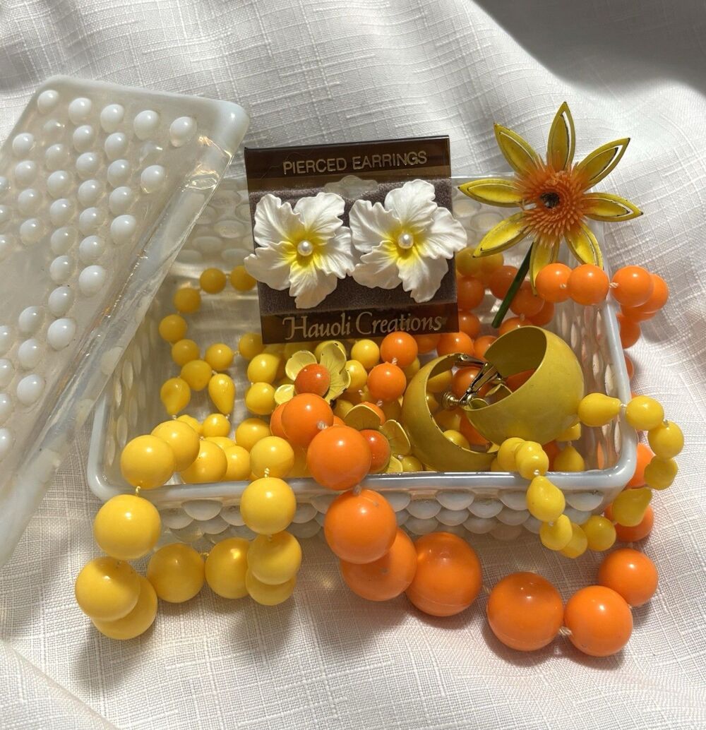 Vintage Anchor Hocking Moonstone Jewelry Lot Orange Yellow Mod Floral Beads